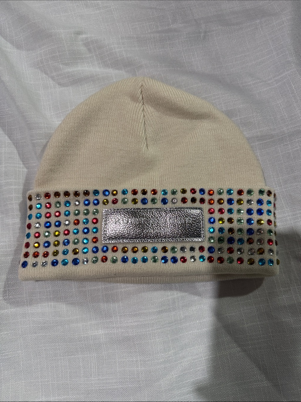 Kurt Geiger London Crystal Cuff Beanie Ivory Rainbow Studded Knit Hat NWOT